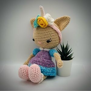 Crocheted Kitty Cat in Colorful Dress and Floral Unicorn Headband